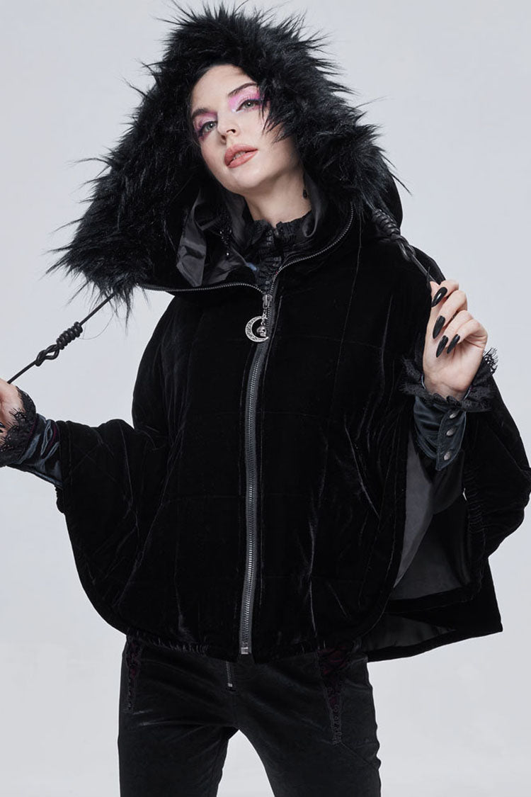 Black Gothic Velvet Collar Crescent Pendant Zipper Warm Short Women's Shawl