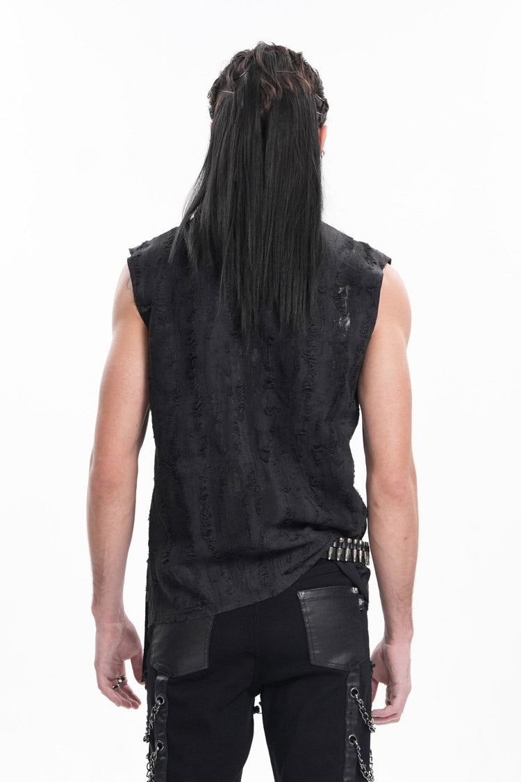 Black Lapel Collar Sleeveless Lace-Up Ripped Ring Men's Gothic Vest