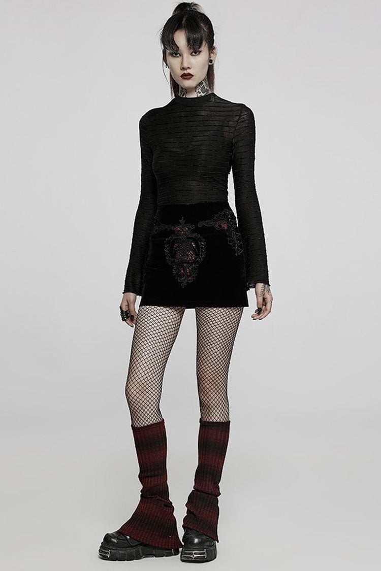 Black Gothic Velvet Striped Light Flared Sleeve Asymmetric Hem Sexy Long Sleeve Women's T-Shirt