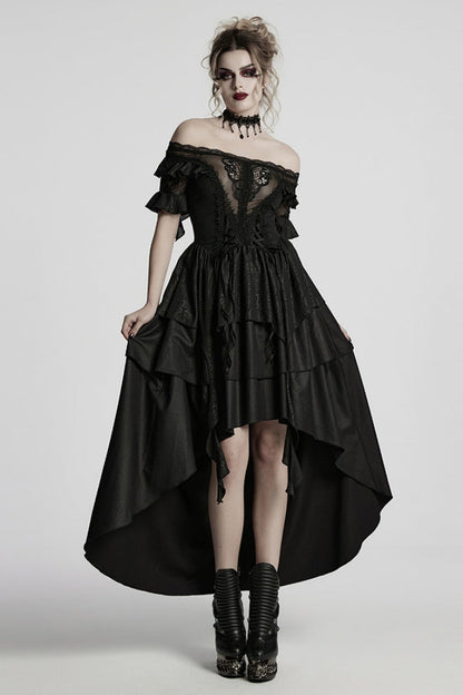 Black Off Shoulder Ruffle Sheer Women's Gothic High/low Prom Dress
