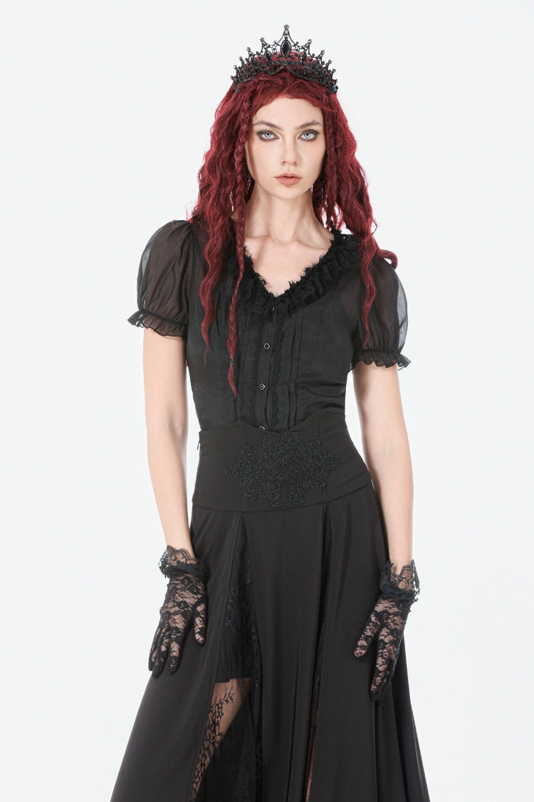 Black High Waisted Floral Printed Lace Mesh Women's Gothic Elegant Long Skirt