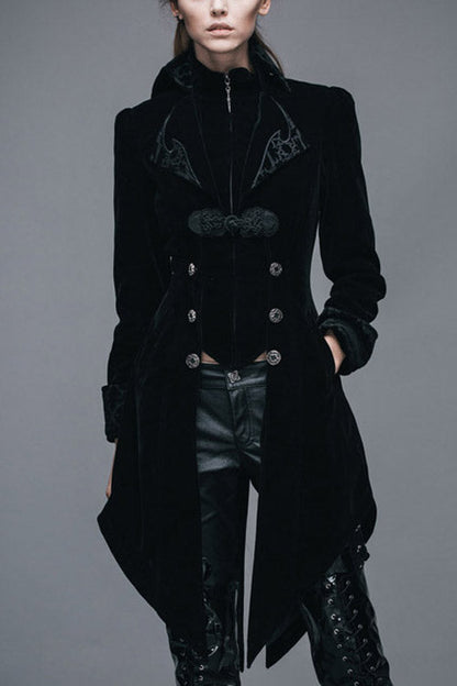 Black Embroidered High Collar Dovetail Velveteen Womens Gothic Coat
