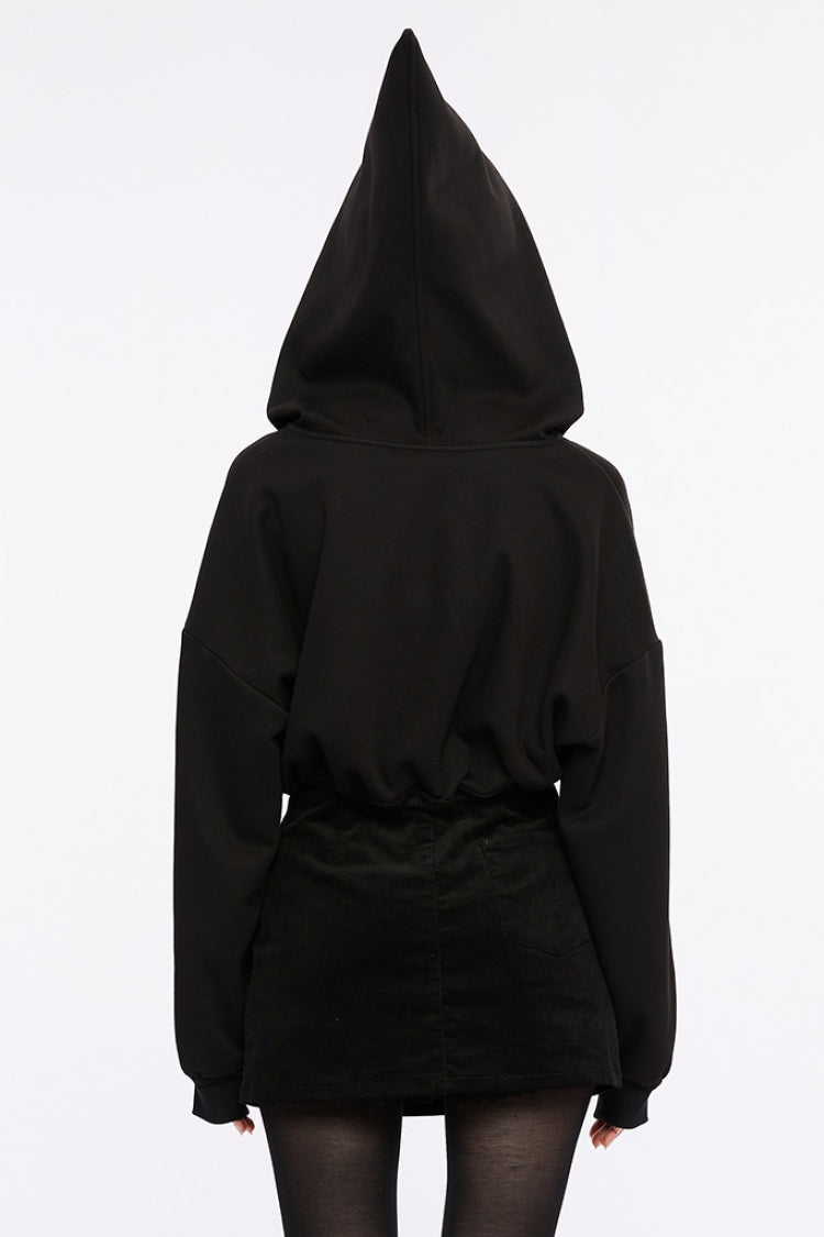 Black Long Sleeves Hooded Short Loose Women's Punk Shirt