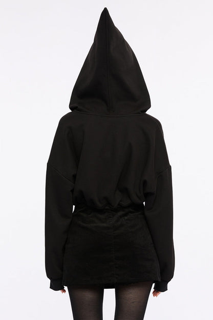 Black Long Sleeves Hooded Short Loose Women's Punk Shirt