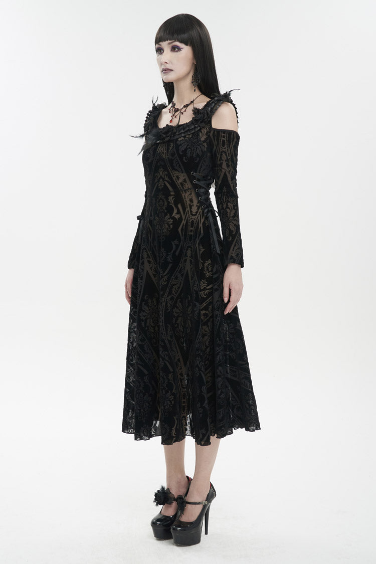 Black Off Shoulder Ruffled Flocked Print Long Women's Gothic Dress