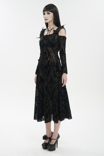 Black Off Shoulder Ruffled Flocked Print Long Women's Gothic Dress