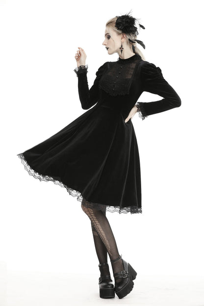 Black Lace Long Puff Sleeves Women's Gothic Velet Dress