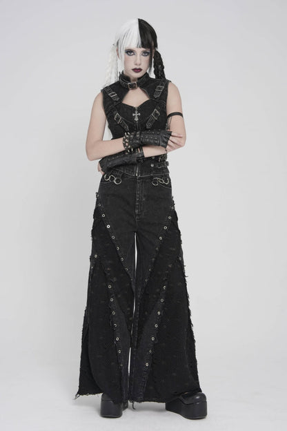 Black Cut-Out Spliced Mesh Eyelet Women's Punk Layered Ripped Pants