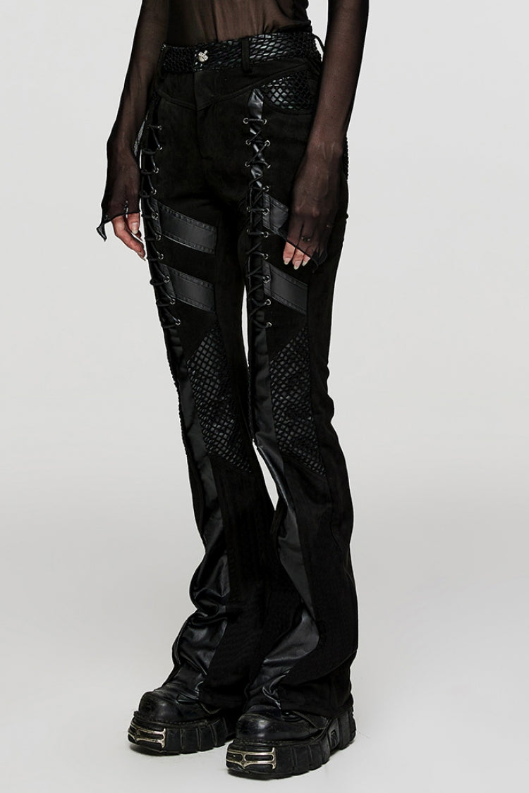 Black Metal Eyelets Faux Leather Stitching Mesh Women's Steampunk Pants