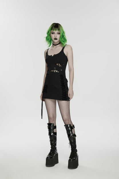 Black Lace-Up Slim Asymmetric Zippered Eyelet Women's Punk Handsome Skirt