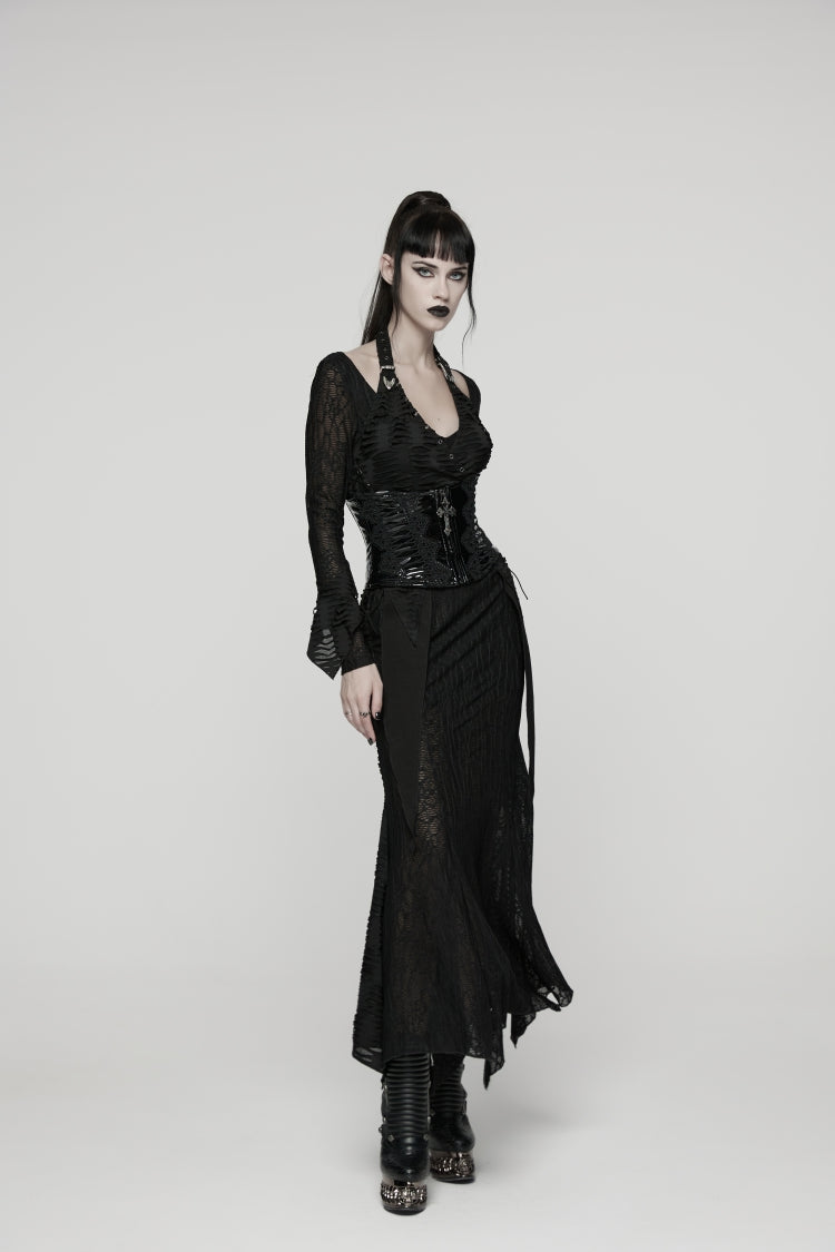 Black Off Shoulder Halterneck Long Trumpet Sleeves Hanayome Lace Lace-Up Women's Punk Dress