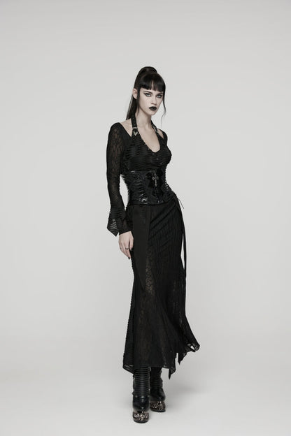 Black Off Shoulder Halterneck Long Trumpet Sleeves Hanayome Lace Lace-Up Women's Punk Dress