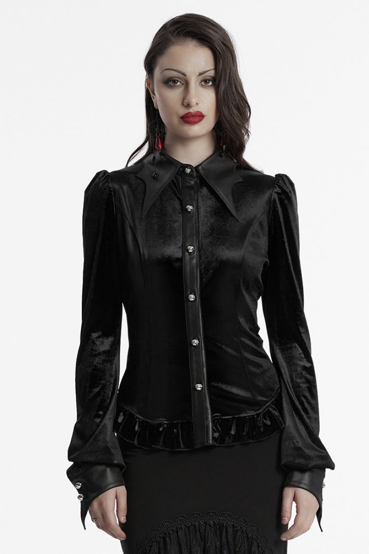 Black Lapel Collar Long Puff Sleeves Gradient Ruffle Women's Gothic Blouse