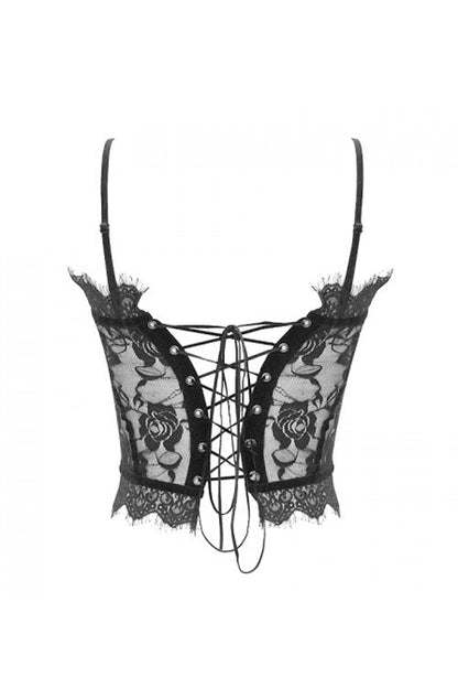 Black Adjustable Flocking Ribbons Decorated Lace Halter Gothic Corset