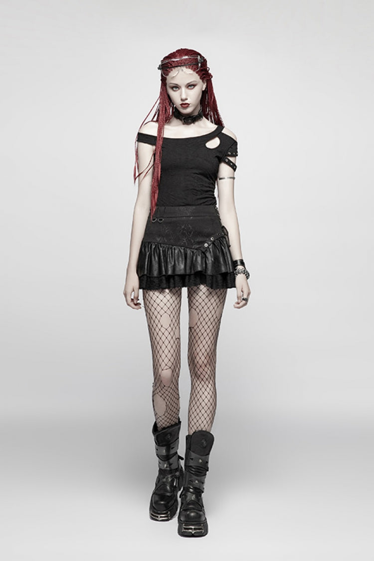 Black Multi-layer PU Leather Stitching Lace Women's Steampunk Skirt