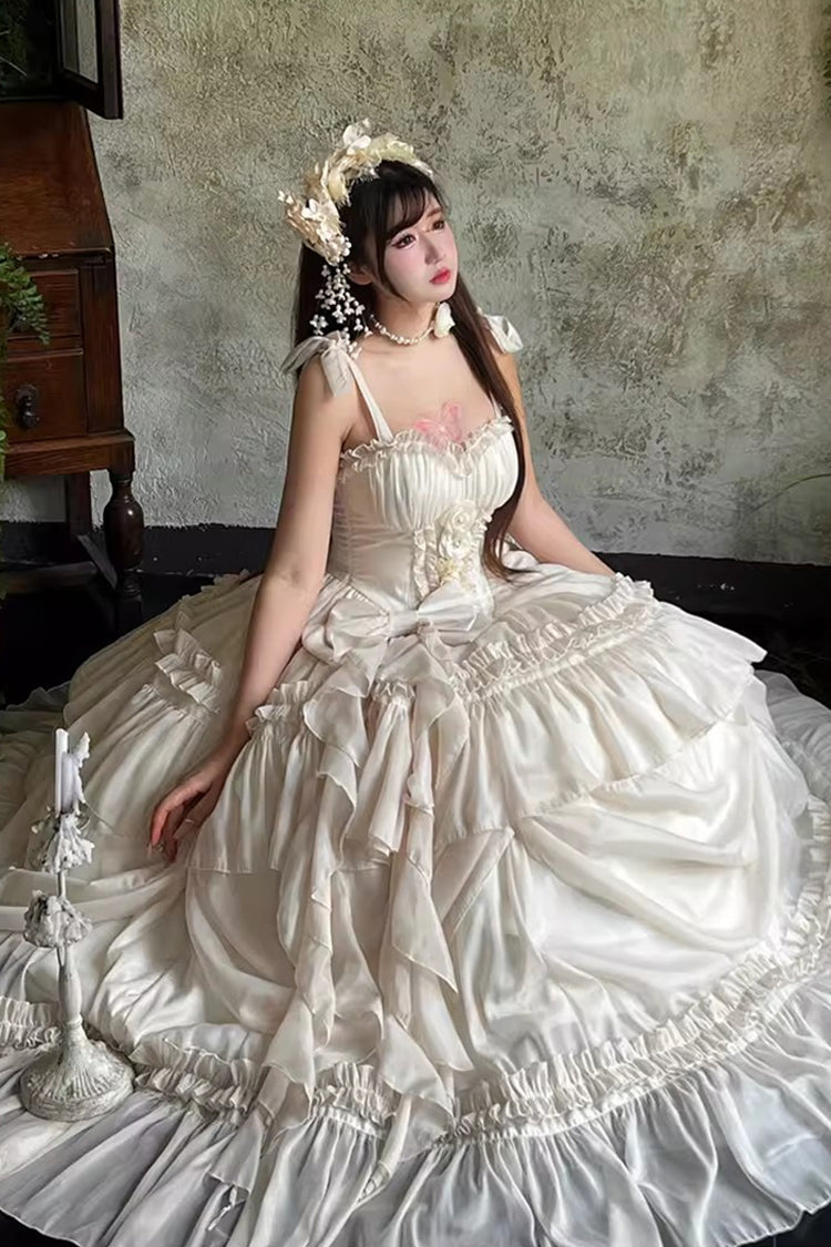 Apricot/Beige [Antique Bride] Sleeveless Multi-Layered Ruffled Bow Lace Sweet Elegant Gorgeous Full Skirt Lolita Jsk Dress