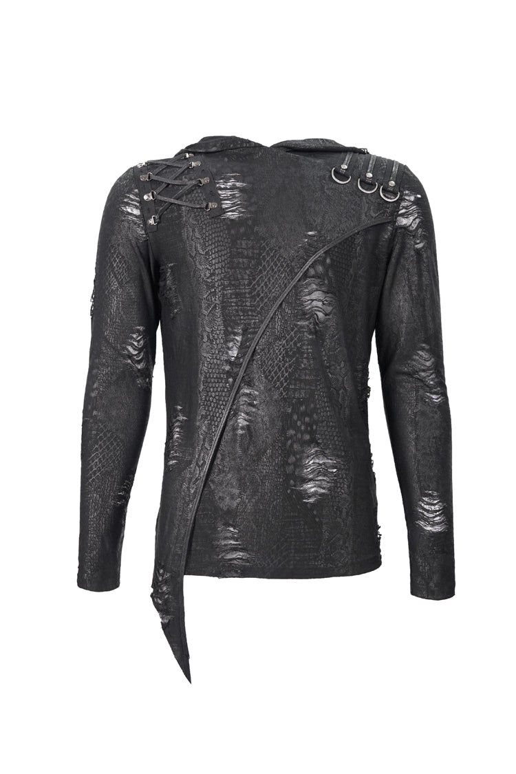 Black Broken Holes Knit Shoulder Lace-Up Irregular Hem Hooded Men's Punk T-Shirt