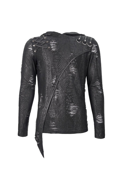 Black Broken Holes Knit Shoulder Lace-Up Irregular Hem Hooded Men's Punk T-Shirt