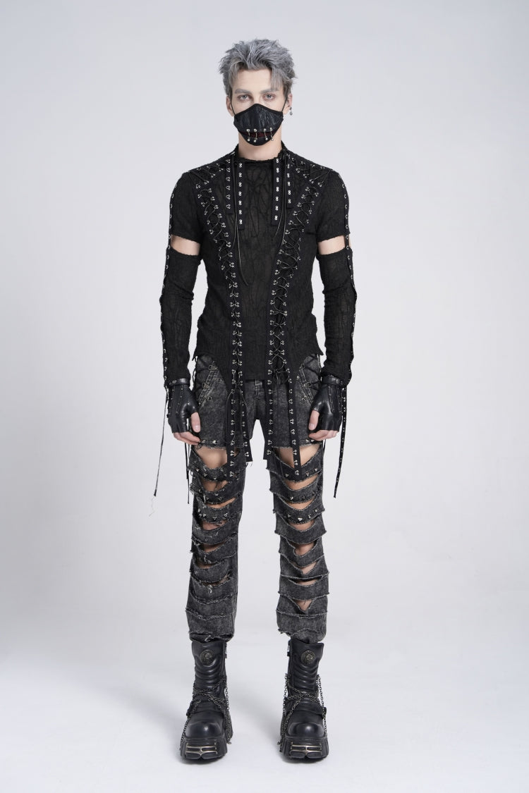 Black Long Sleeves Strap Lace-Up Irregular Mesh Men's Gothic T-Shirt