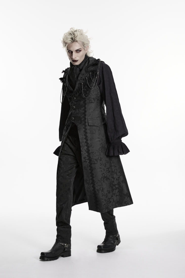Black Jacquard Chain-Decorated Men's Gothic Long Vest