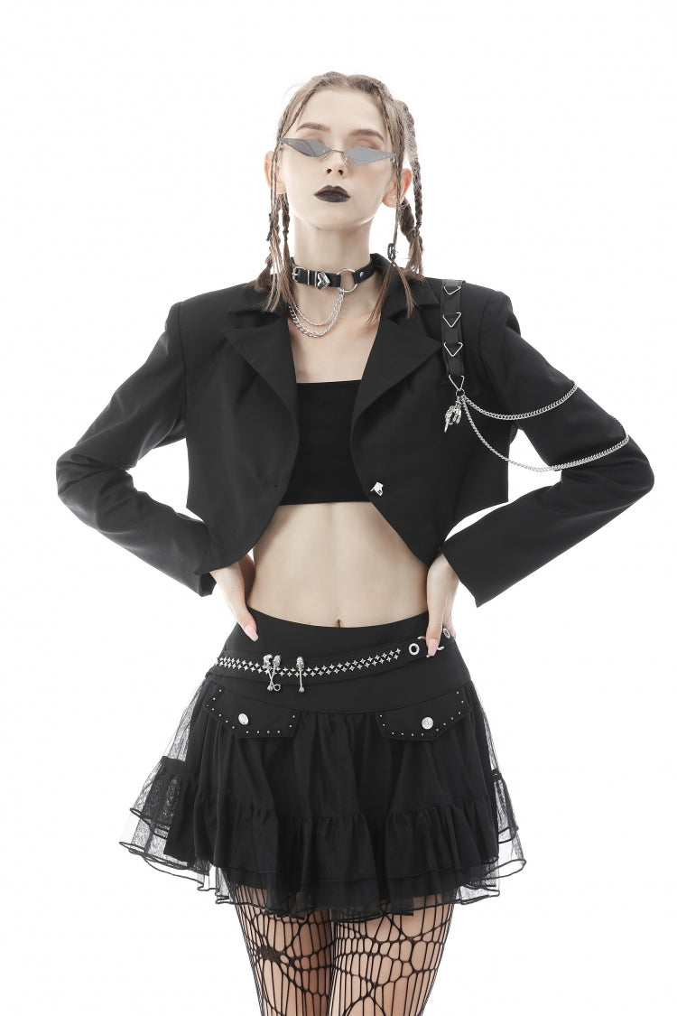 Black Lapel Collar Long Sleeves Chain-Decorated Women's Punk Irregular Short Jacket