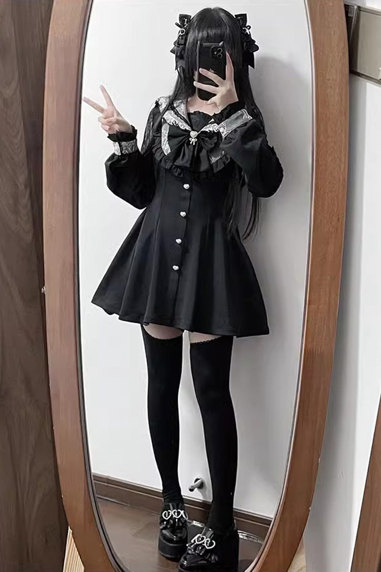 Black Long Sleeves Bowknot Stitching Lace Jirai Kei Japanese Dress Shorts Set