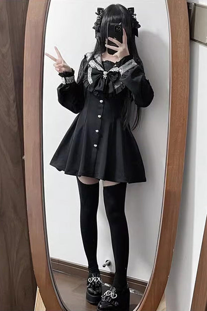 Black Long Sleeves Bowknot Stitching Lace Jirai Kei Japanese Dress Shorts Set