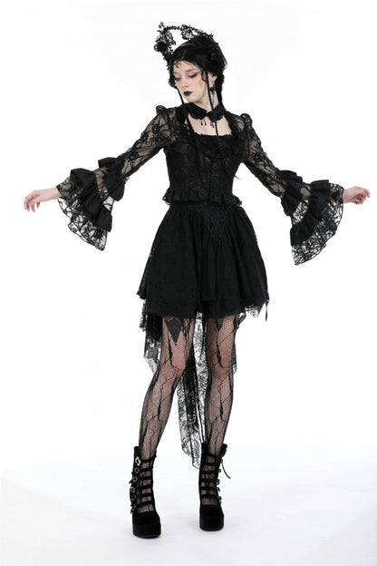 Black Multi-Layered Long Trumpet Sleeves Lace Lace-Up Women's Gothic Top