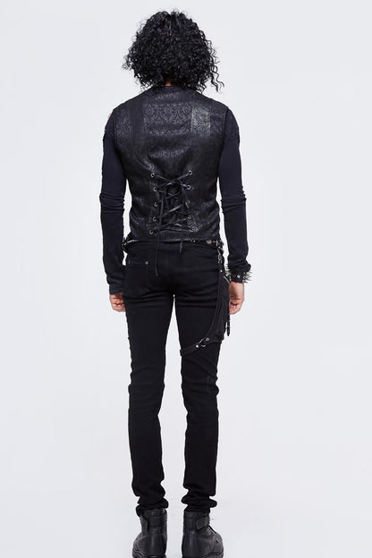 Black Jacquard Splice Heat Seal Backing Chest Loop Lace Up Men's Punk Waistcoat