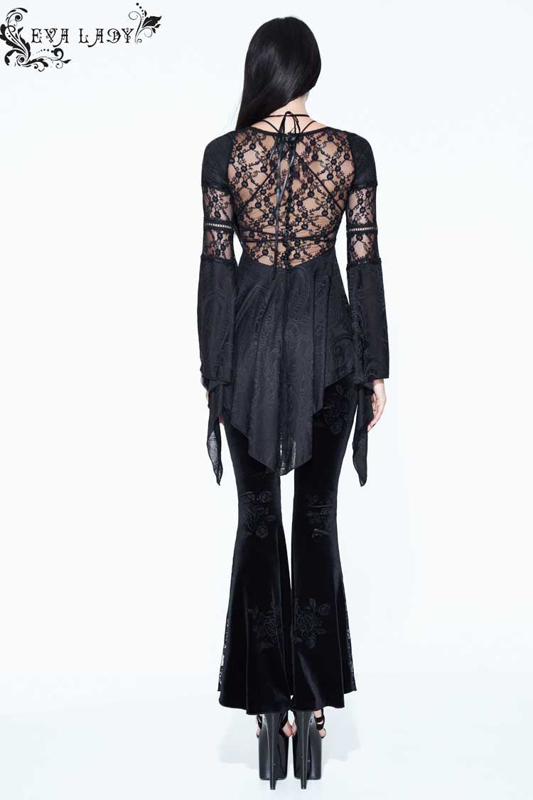 Black Perspective Mesh-yarn Long-sleeve Lace Front Short And Back Long Women's Gothic Blouse