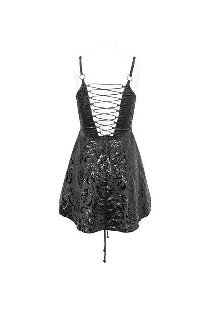 Black Pentagram Embossed Panel Mesh Rope Cutout Women's Gothic Dress
