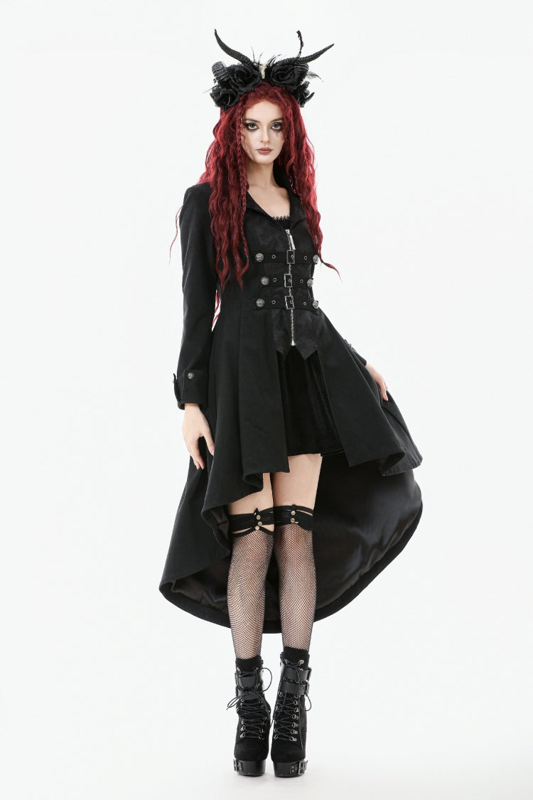 Black Lapel Collar Long Sleeves Lace-Up Irregular Bouble-breasted Buckle-up Women's Gothic Coat