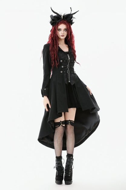 Black Lapel Collar Long Sleeves Lace-Up Irregular Bouble-breasted Buckle-up Women's Gothic Coat