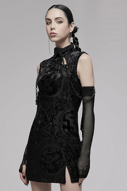 Black Chinese Style Stretch Velvet Burning Flower Dragon Totem Pattern Decoration Small Slit Hem Sleeveless Women's Gothic Dress