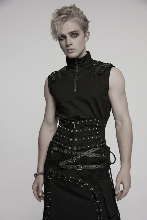 Black Lace-Up Slim Ripped Studded Zippered Women's Punk Corset