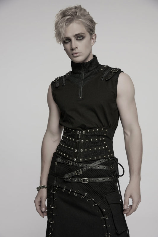 Black Lace-Up Slim Ripped Studded Zippered Women's Punk Corset