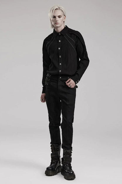 Black Lapel Collar Long Sleeves Metal Buttons Webbing Decoration Mens Gothic Blouse