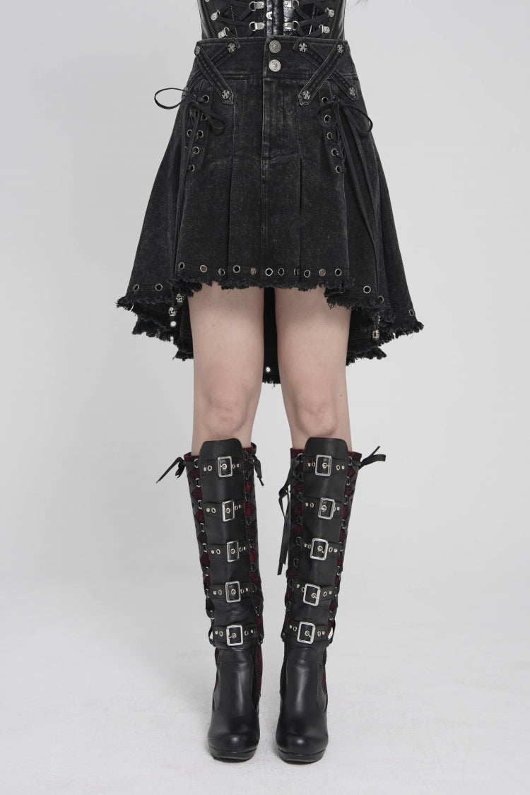 Black Lace-Up Pleated Eyelet Women's Punk Skirt