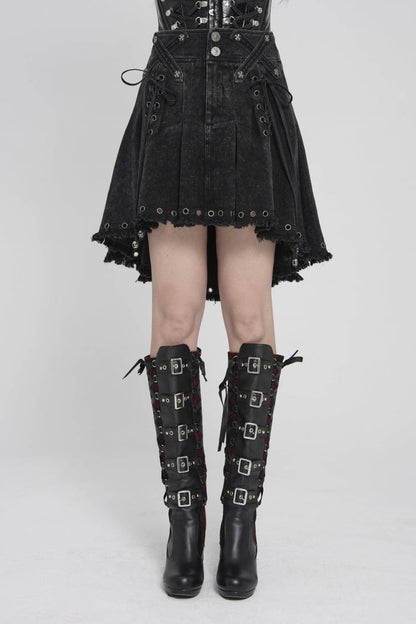 Black Lace-Up Pleated Eyelet Women's Punk Skirt