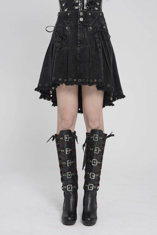Black Lace-Up Pleated Eyelet Women's Punk Skirt
