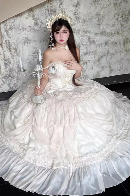 Apricot/Beige [Antique Bride] Sleeveless Multi-Layered Ruffled Bow Lace Sweet Elegant Gorgeous Full Skirt Lolita Jsk Dress
