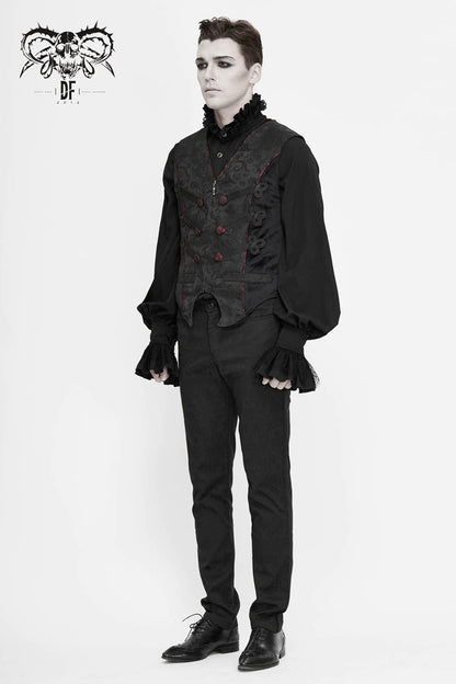 Black Dark Jacquard Chest Plate Buttons Back Lace Up Men's Gothic Waistcoat
