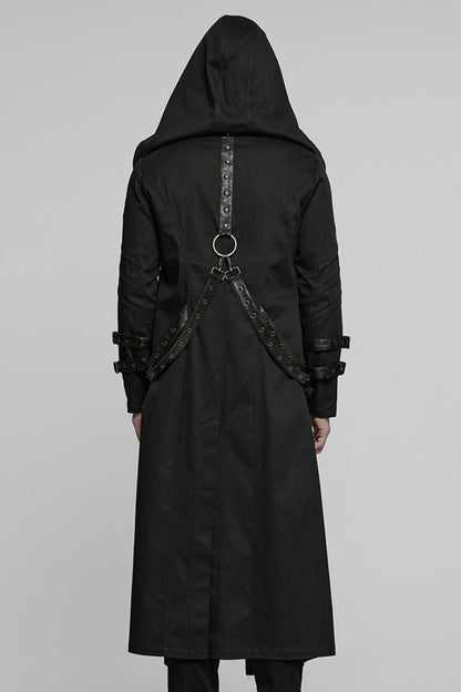 Black Lapel Collar Long Sleeves Hooded Pleated Men's Punk Coat with Buckle Strap