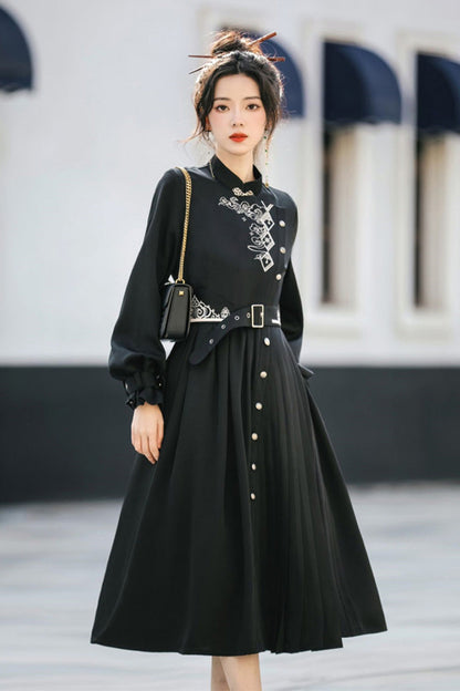 Black Mysterious Long Sleeves Chinese Style Single Breasted High Waisted Print Hanfu Dress