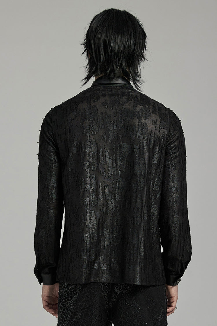 Black Lapel Collar Long Sleeves Faux Leather Stitching Men's Punk Blouse