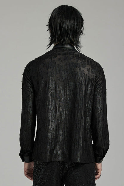 Black Lapel Collar Long Sleeves Faux Leather Stitching Men's Punk Blouse