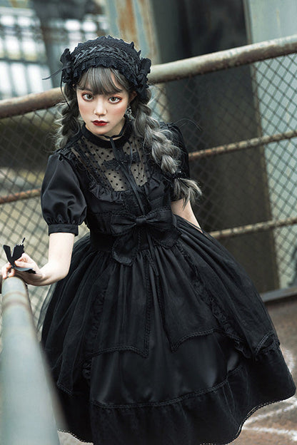Black Elegant Round Collar Bowknot Short Sleeves High Waisted Gothic Lolita OP Dress