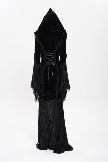 Black Long Trumpet Sleeves Embroidery Stitching Lace Hooded Mesh Women's Gothic Dress