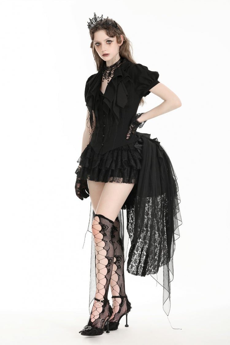 Black Multi-Layered Deep V Collar Pleated Short Puff Sleeves Lace-Up Gothic Blouse