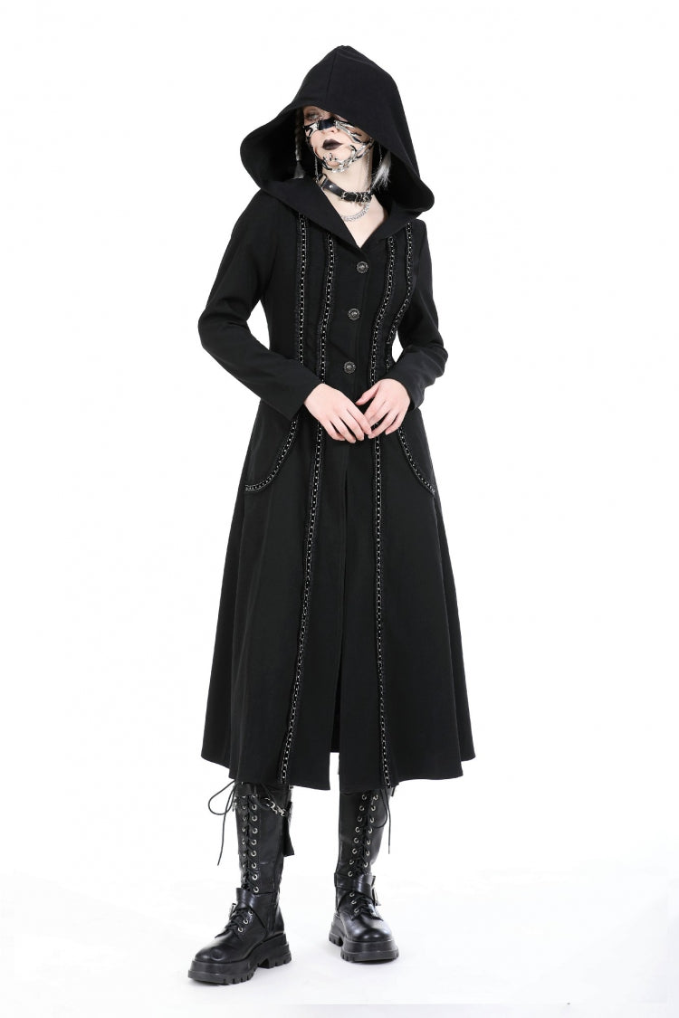 Black Long Sleeves Ruffled Lace-Up Women's Punk Long Jacket with Hood